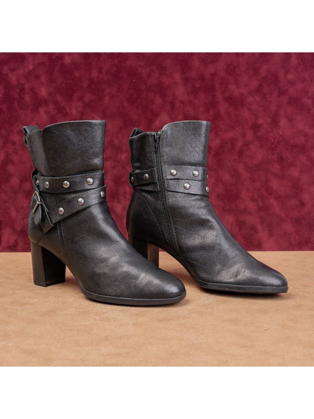Born Women Emma Black Leather Stud Moto Festival  Ankle boots sz 9